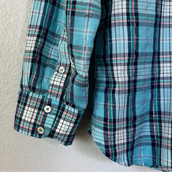TALBOTS M S Festive Plaid Cotton Button Front Shirt • Dark Turquoise Metallic - Picture 6 of 11